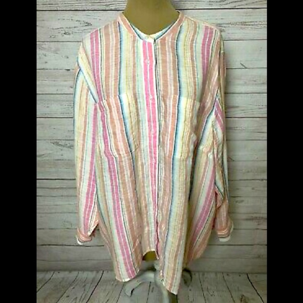 Lands' End 100% Linen Shirt Plus Size Stripe Button Front Roll Tab Sleeve